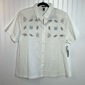 Vintage Remember Me Button Down Too Women 1XLarge White Beaded Embroidered Fish